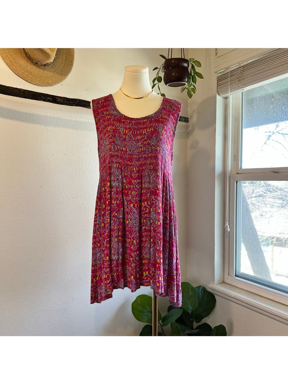 Kaktus Pink Print Tropical Floral Print Sleeveless Tank Mini Dress Size Medium